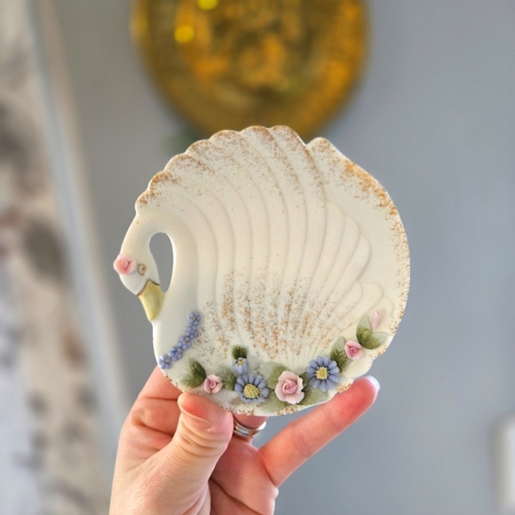 Lefton Floral Swan Hand Painted Porcelain Soap Trinket Dish Vintage Decor - Picture 1 of 4